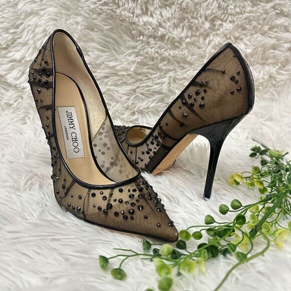 Jimmy Choo Black Embellished Mesh Kelson Cigarette Heel‎ Pumps 34.5/US 4.5 - Picture 1 of 9